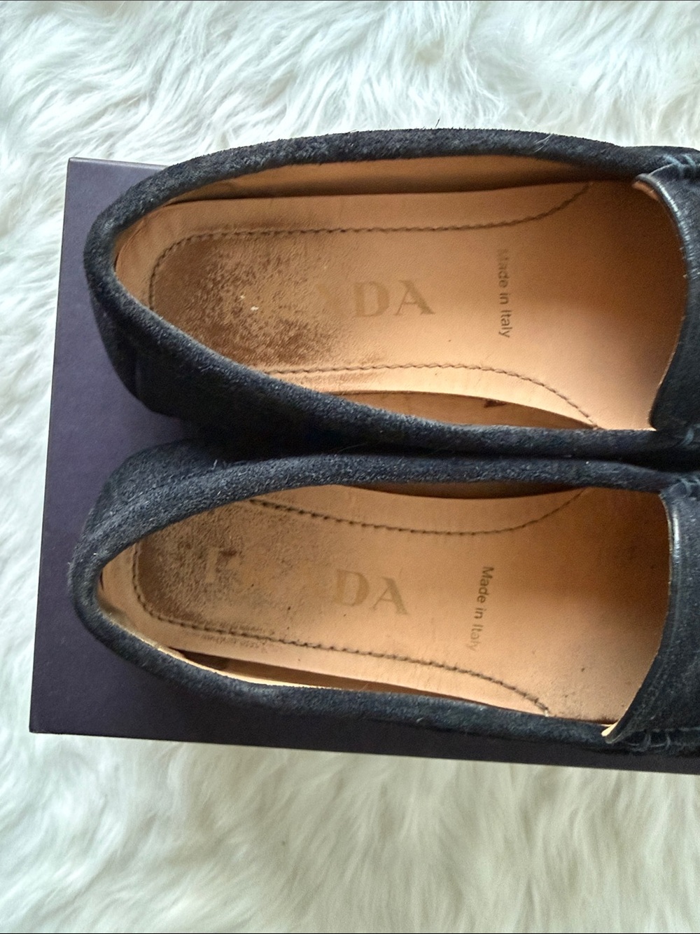 Prada Dark Navy Suede Women's Slip-On Loafers with Gold Logo - Picture 11 of 11